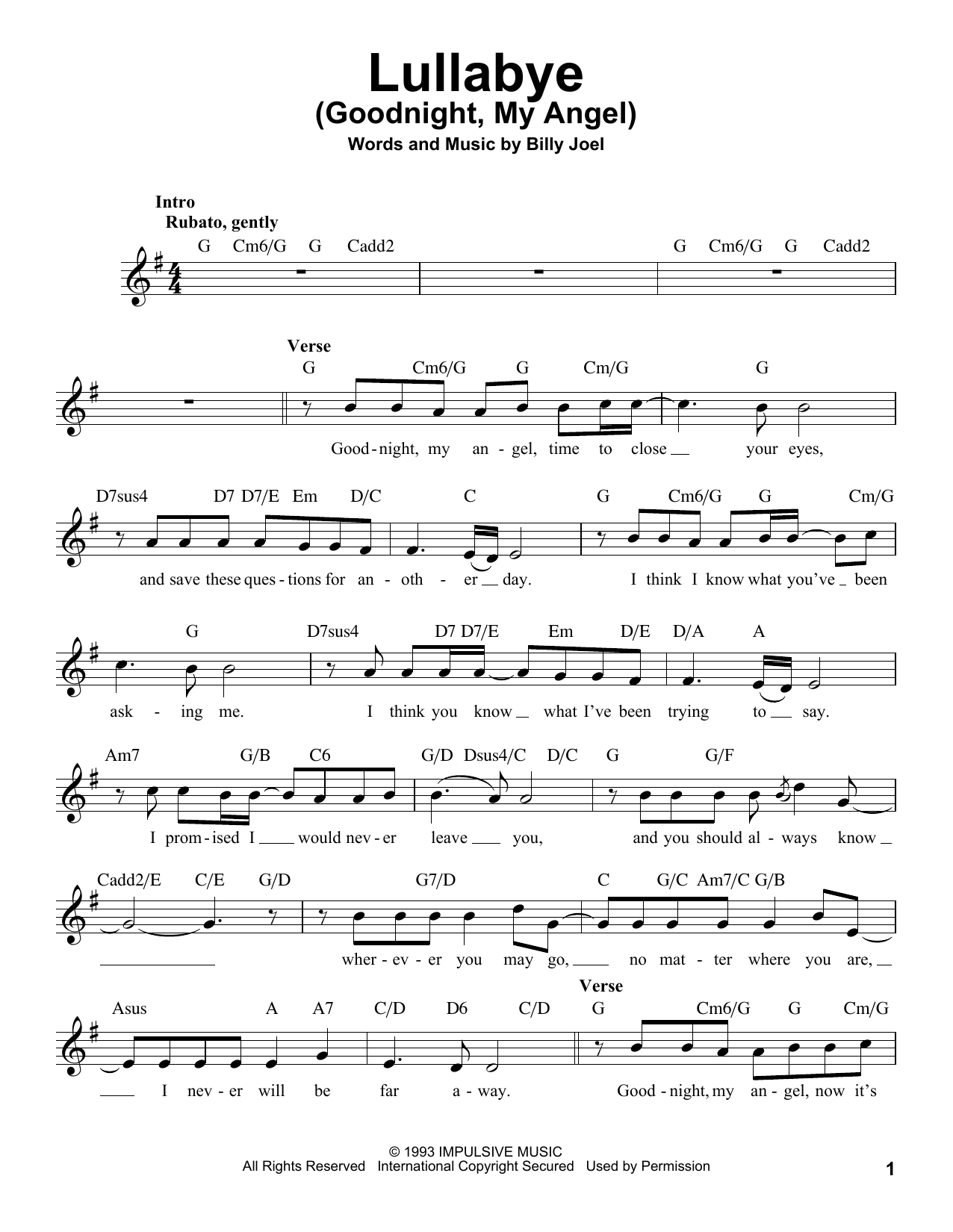 Download Billy Joel Lullabye (Goodnight, My Angel) Sheet Music