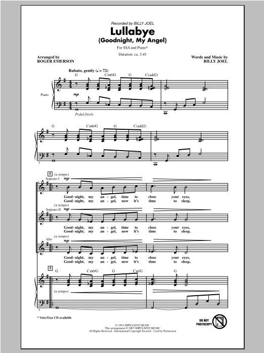 Download Billy Joel Lullabye (Goodnight, My Angel) (arr. Ro Sheet Music