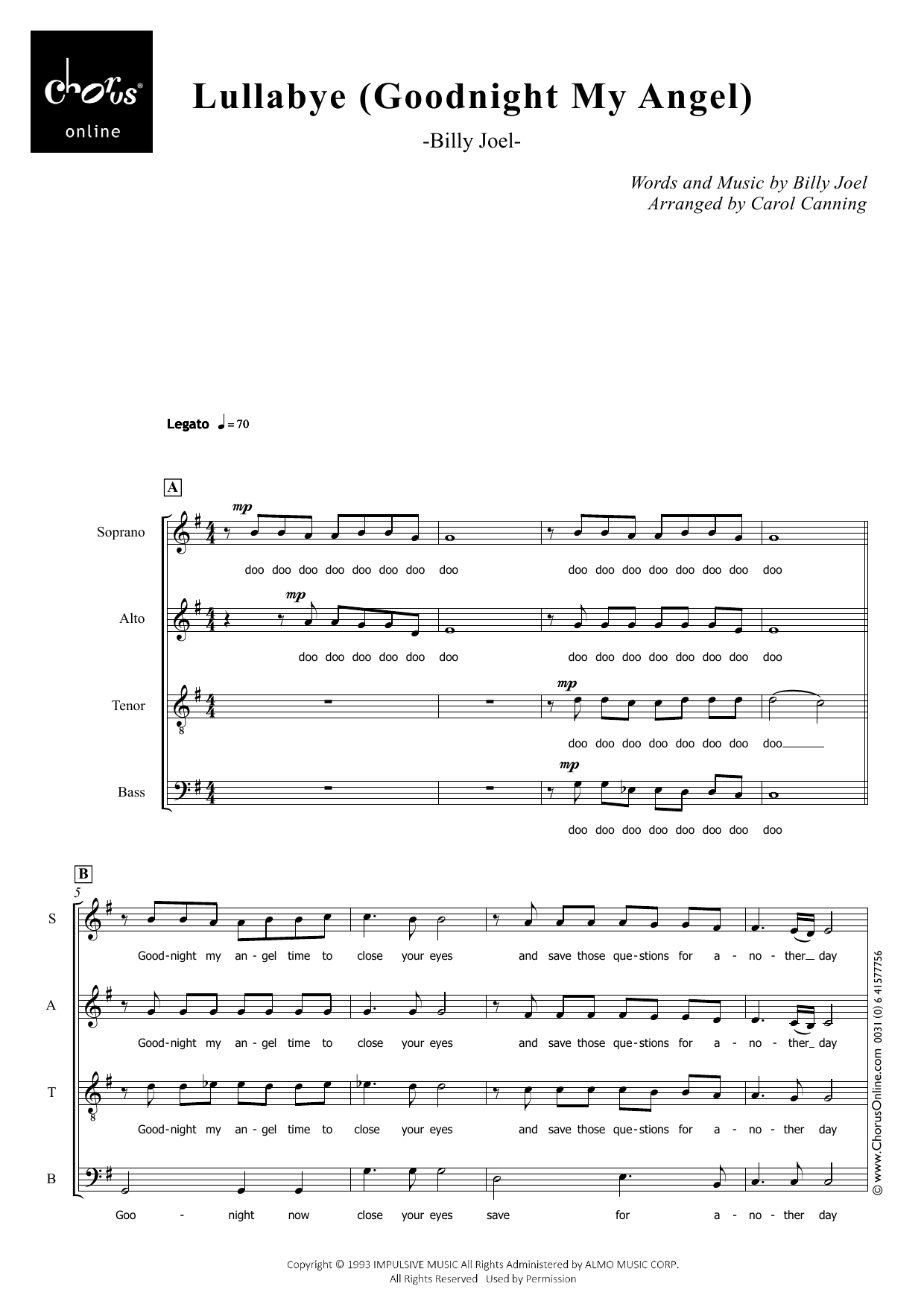 Billy Joel Lullabye (Goodnight, My Angel) (arr. Carol Canning) sheet music notes printable PDF score