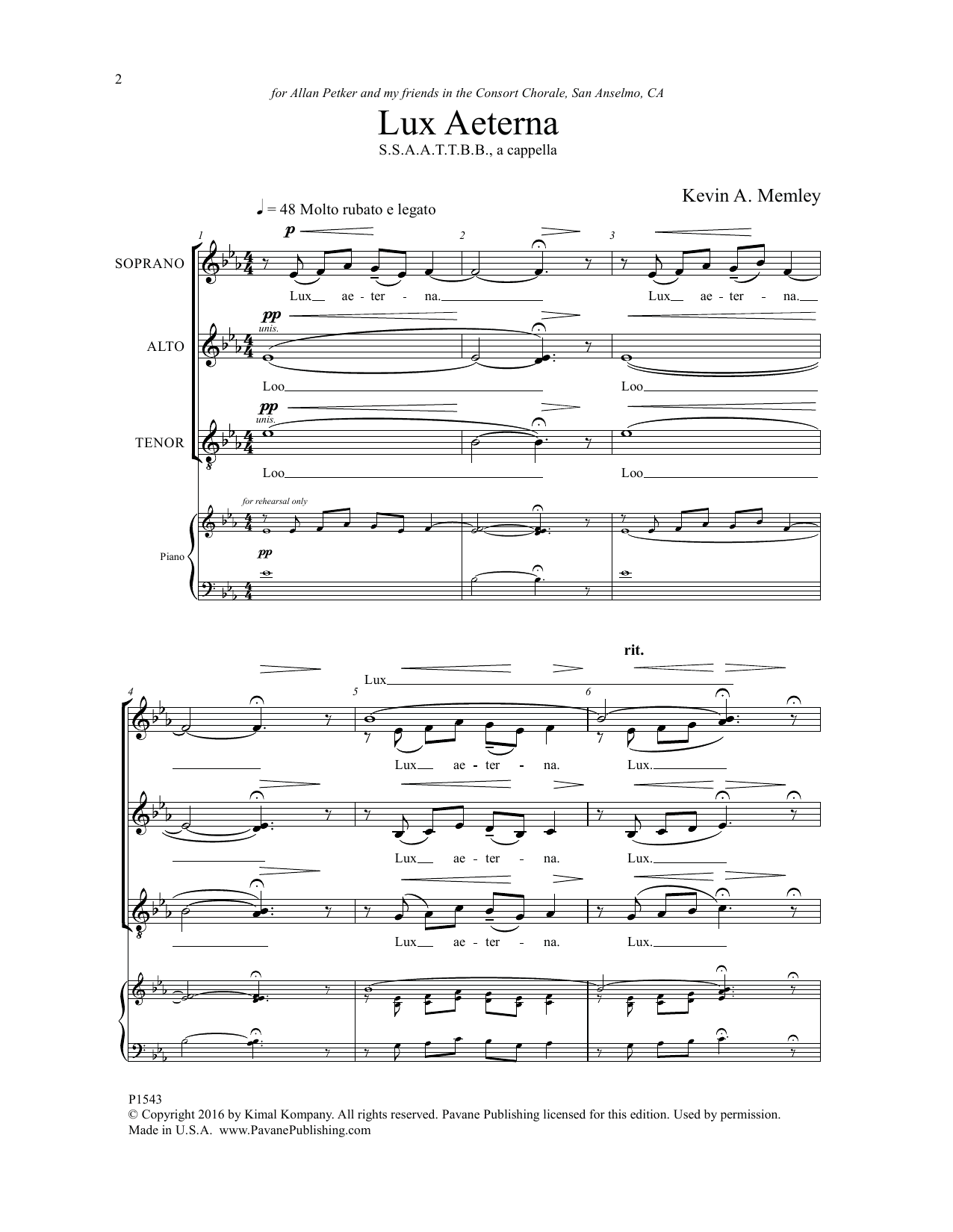 Download Kevin Memley Lux Aeterna Sheet Music
