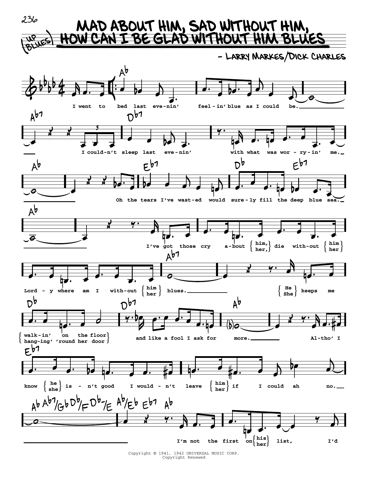 Dick Hyman Mad About Him, Sad Without Him, How Can I Be Glad Without Him Blues (Low Voice) sheet music notes printable PDF score
