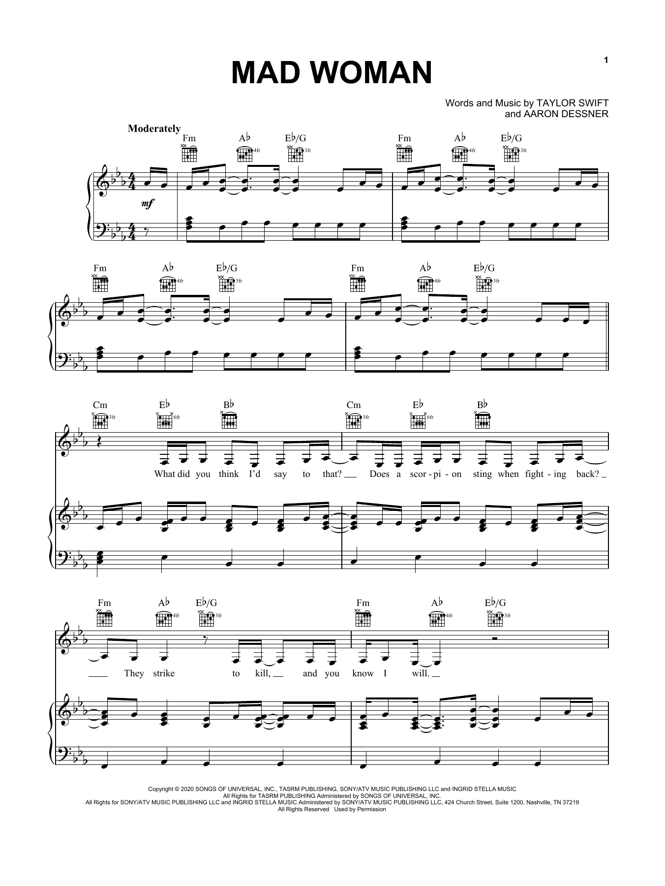 Download Taylor Swift mad woman Sheet Music