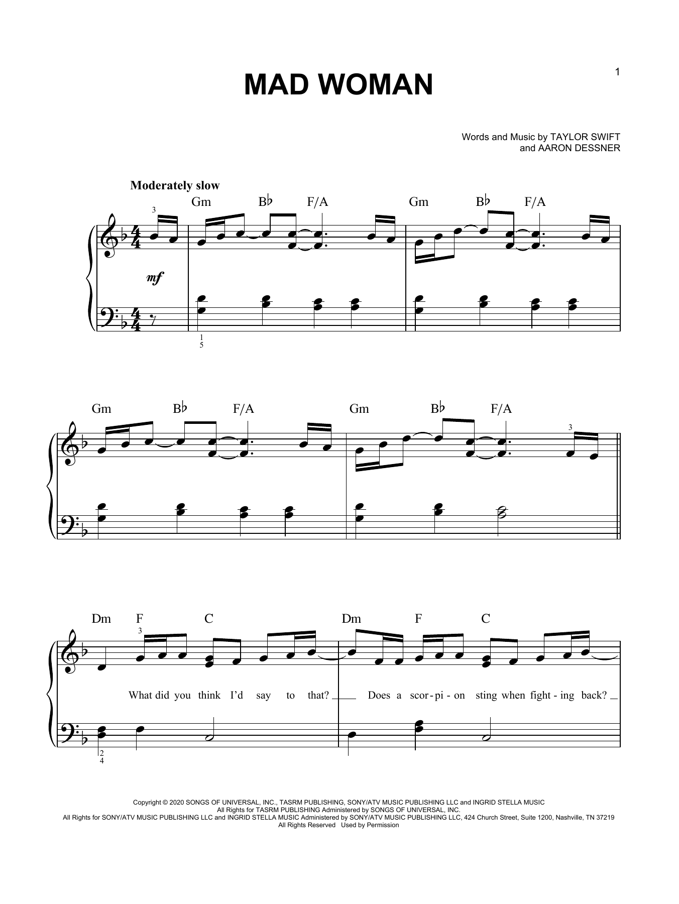 Download Taylor Swift mad woman Sheet Music