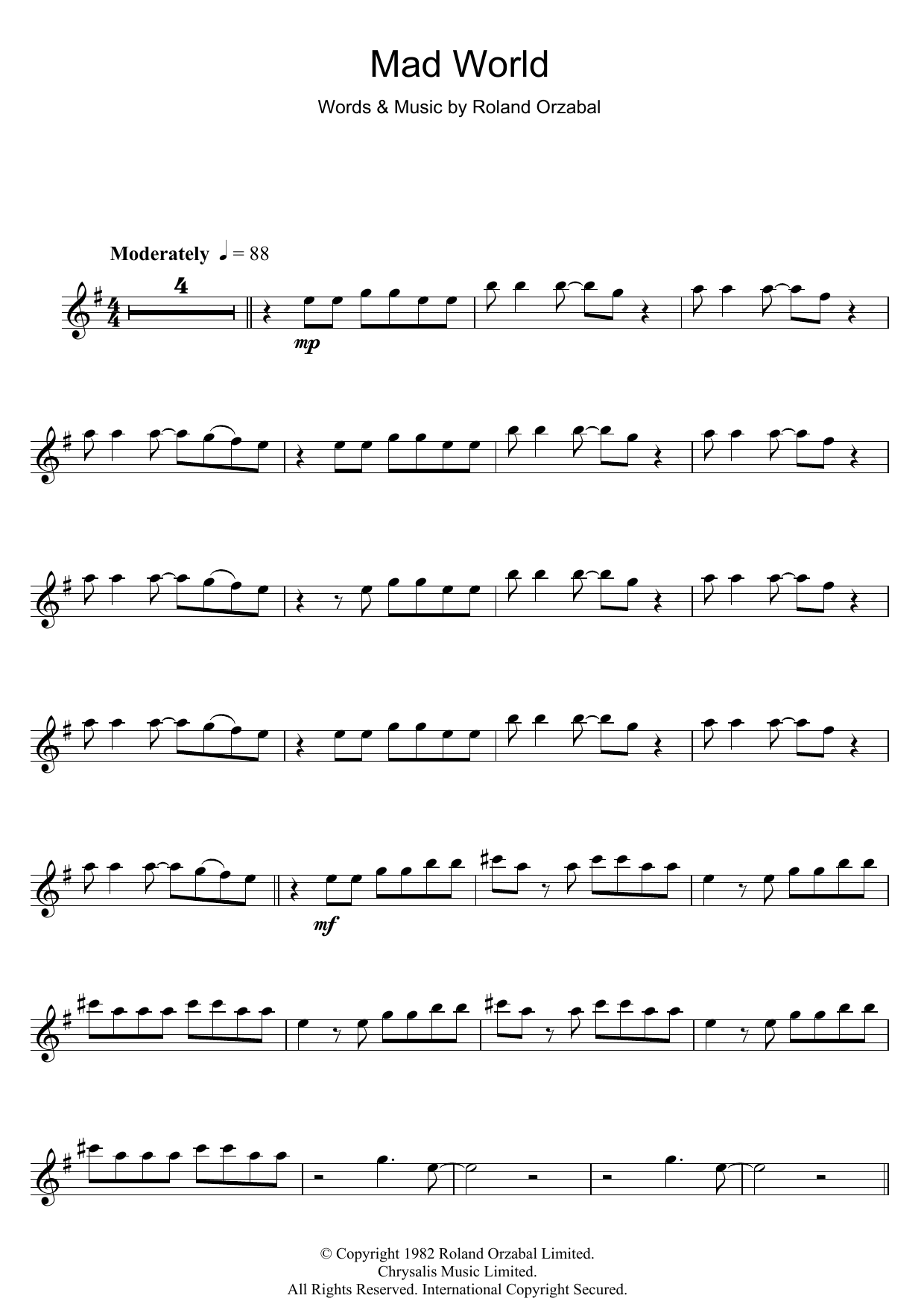 Download Tears for Fears Mad World Sheet Music