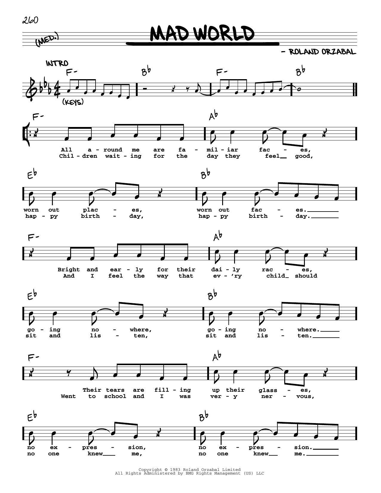 Download Tears For Fears Mad World Sheet Music