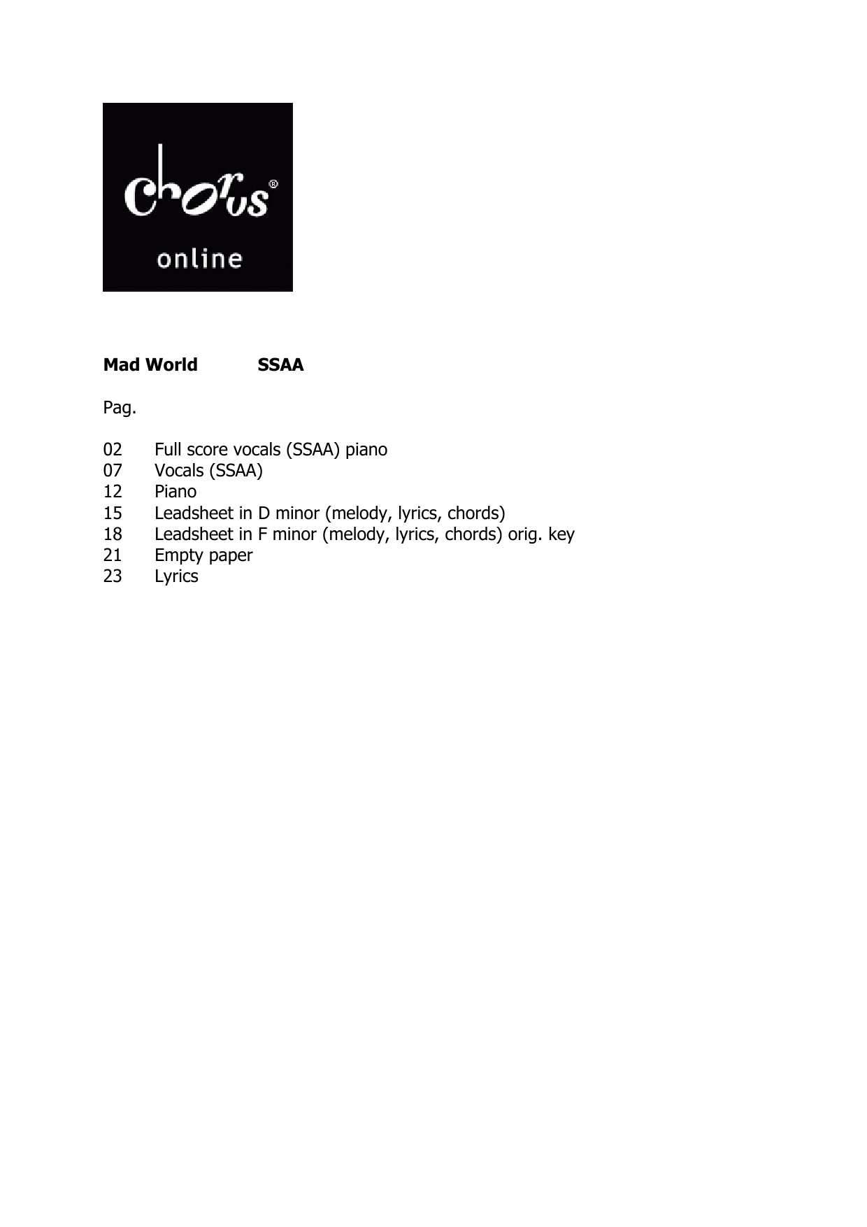 Gary Jules Mad World (arr. Peter van Lonkhuijsen) sheet music notes printable PDF score