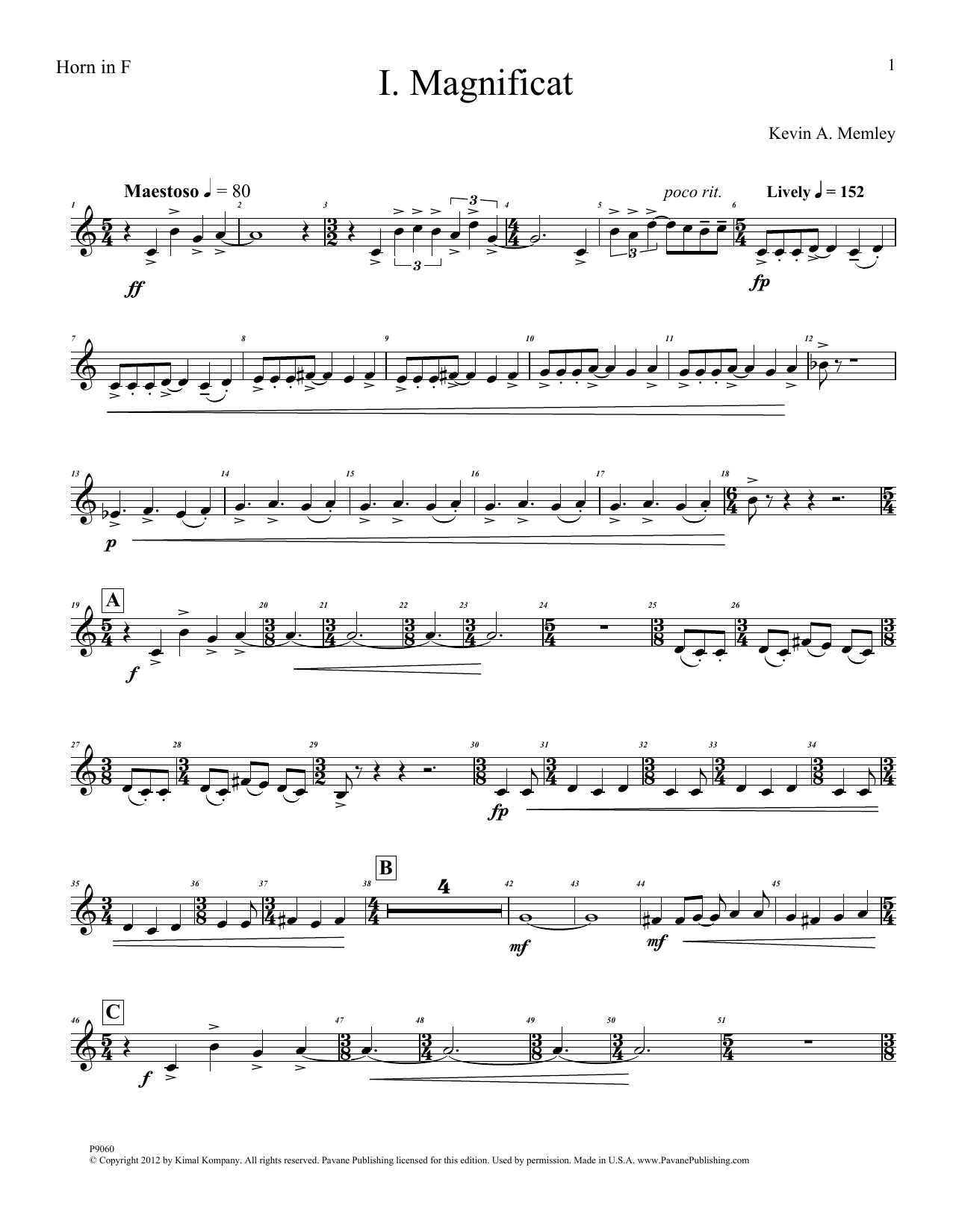 Download Kevin Memley Magnificat (Brass Quintet) (Parts) - Ho Sheet Music