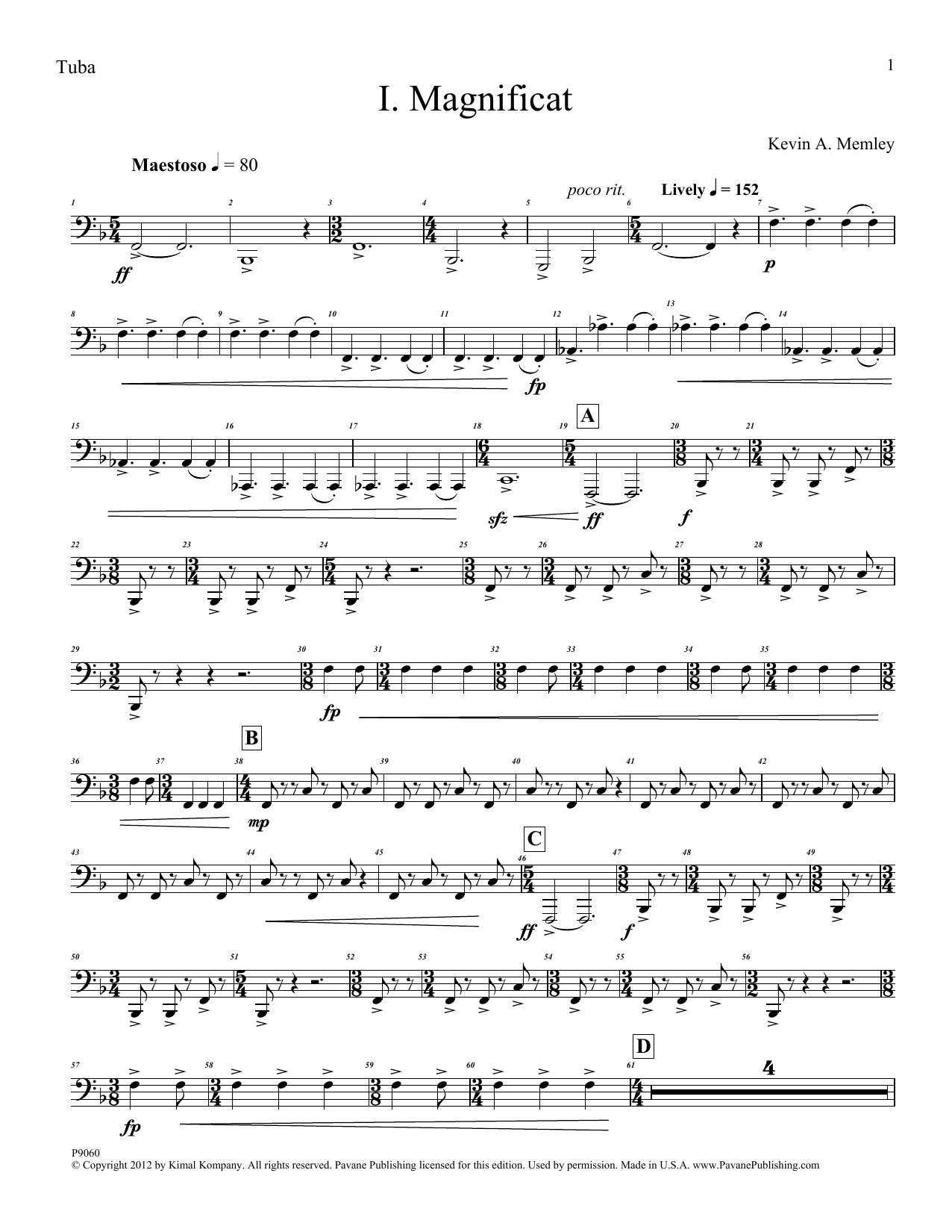 Download Kevin Memley Magnificat (Brass Quintet) (Parts) - Tu Sheet Music