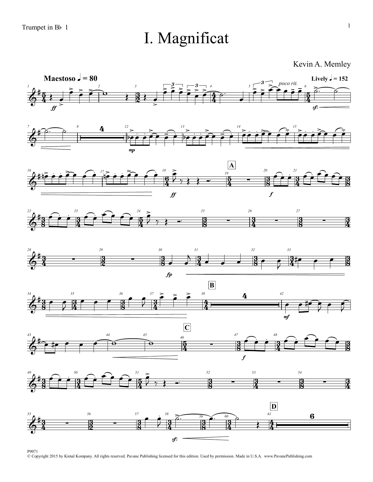 Download Kevin A. Memley Magnificat - Trumpet 1 in Bb Sheet Music