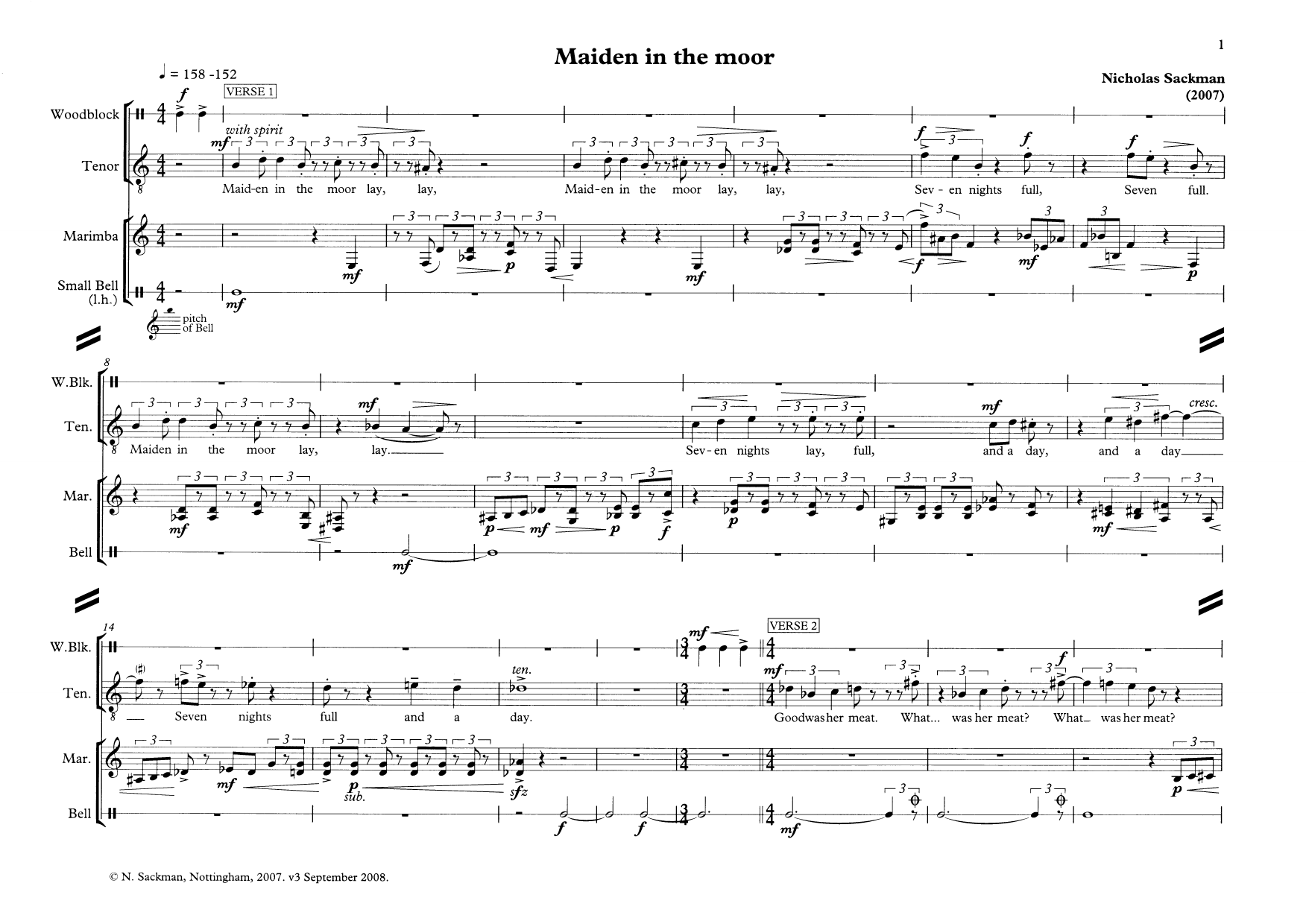 Download Nicholas Sackman Maiden in the moor (for tenor & percuss Sheet Music