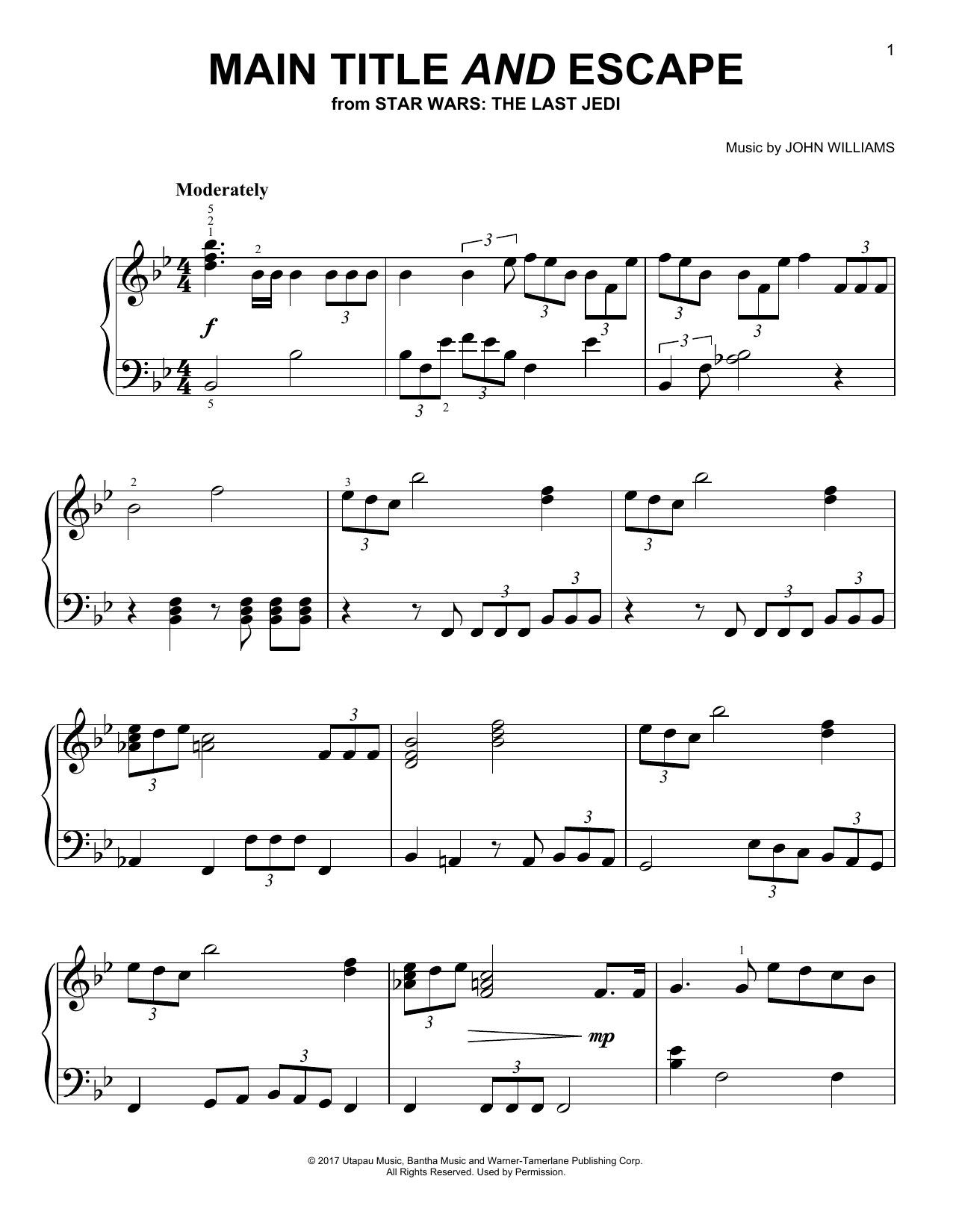 Download John Williams Main Title And Escape Sheet Music