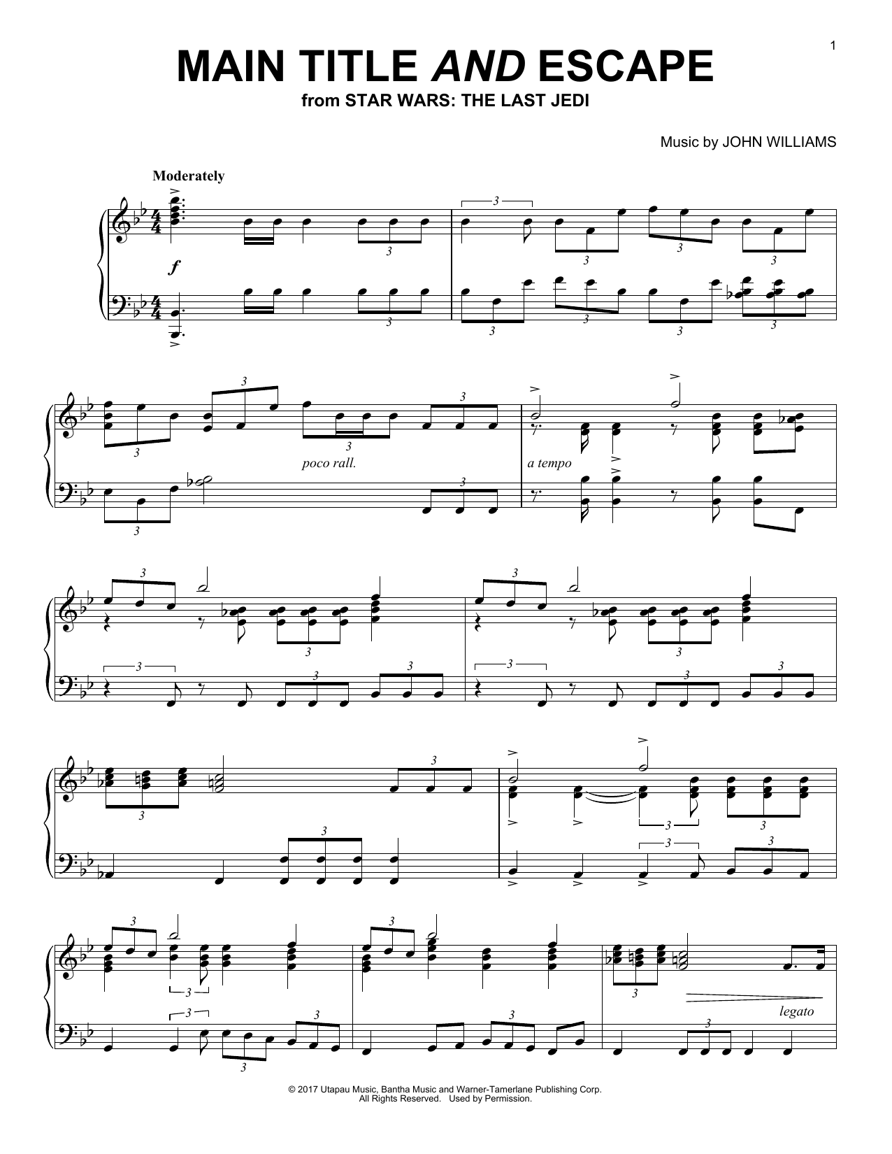 Download John Williams Main Title And Escape Sheet Music