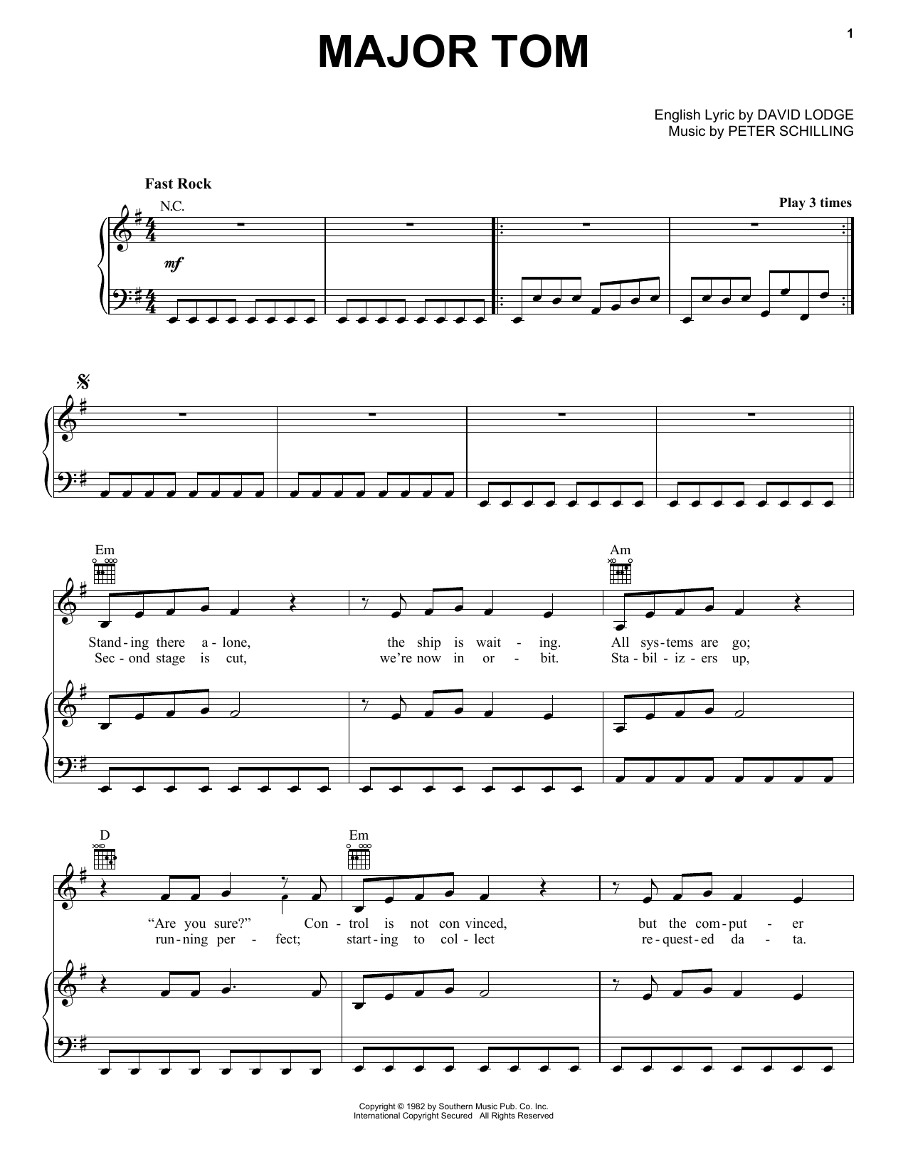 Peter Schilling Major Tom (Coming Home) sheet music notes printable PDF score