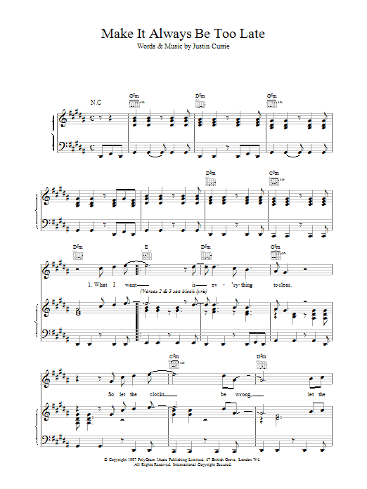 Del Amitri Make It Always Be Too Late sheet music notes printable PDF score