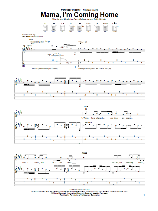 Download Ozzy Osbourne Mama, I'm Coming Home Sheet Music