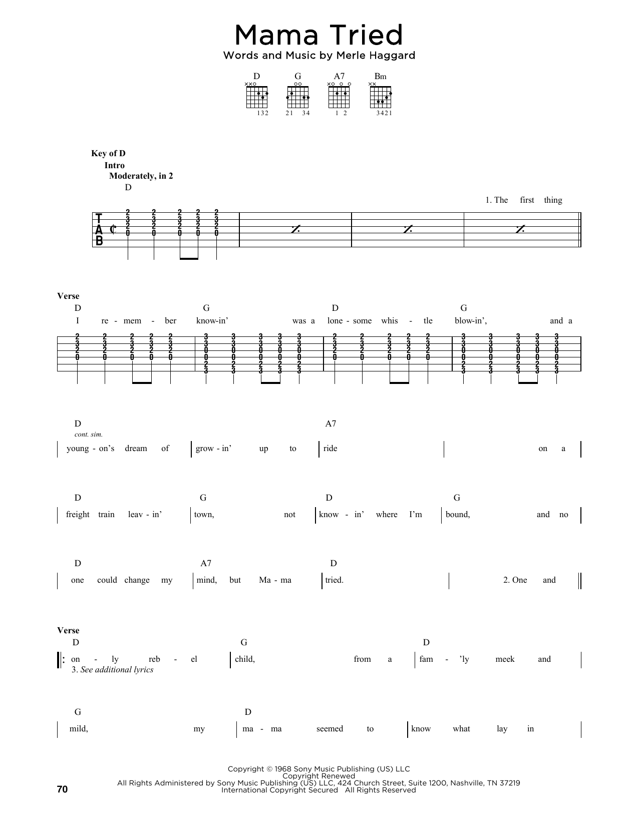 Merle Haggard Mama Tried sheet music notes printable PDF score