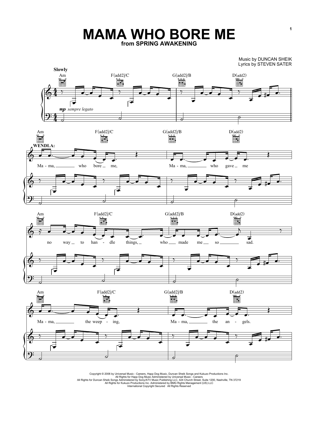 Download Duncan Sheik and Steven Sater Mama Who Bore Me (from Spring Awakening Sheet Music