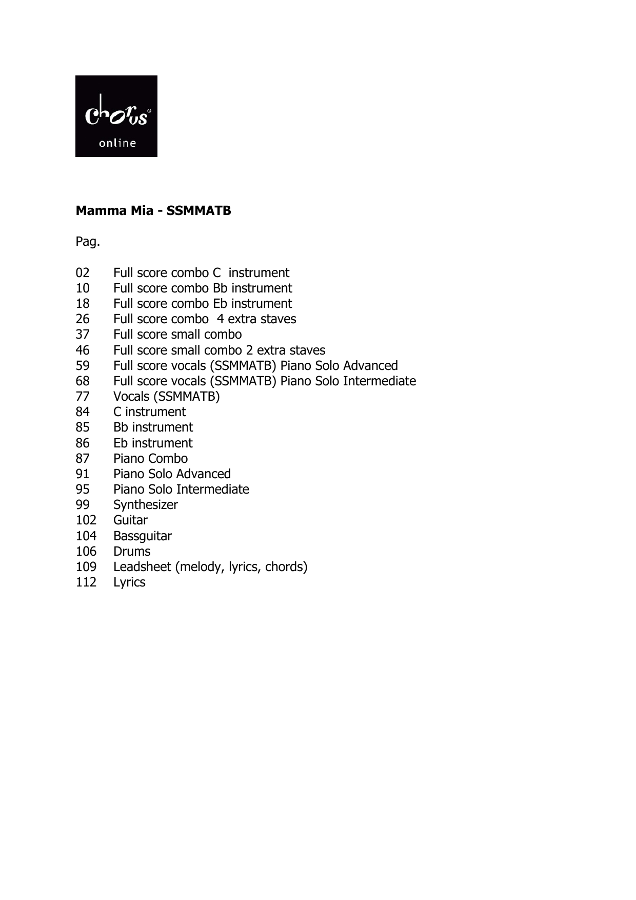 ABBA Mamma Mia (arr. Dirk Kokx) sheet music notes printable PDF score