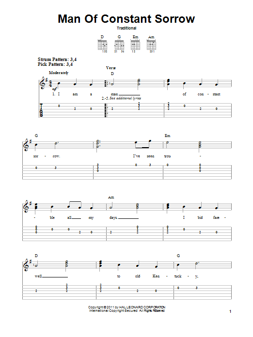 Download Traditional Man Of Constant Sorrow Sheet Music
