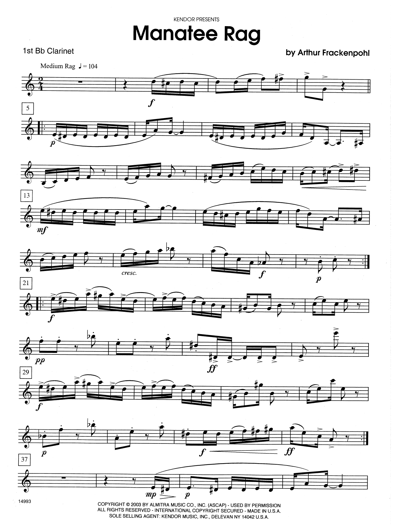 Download Arthur Frackenpohl Manatee Rag - 1st Bb Clarinet Sheet Music