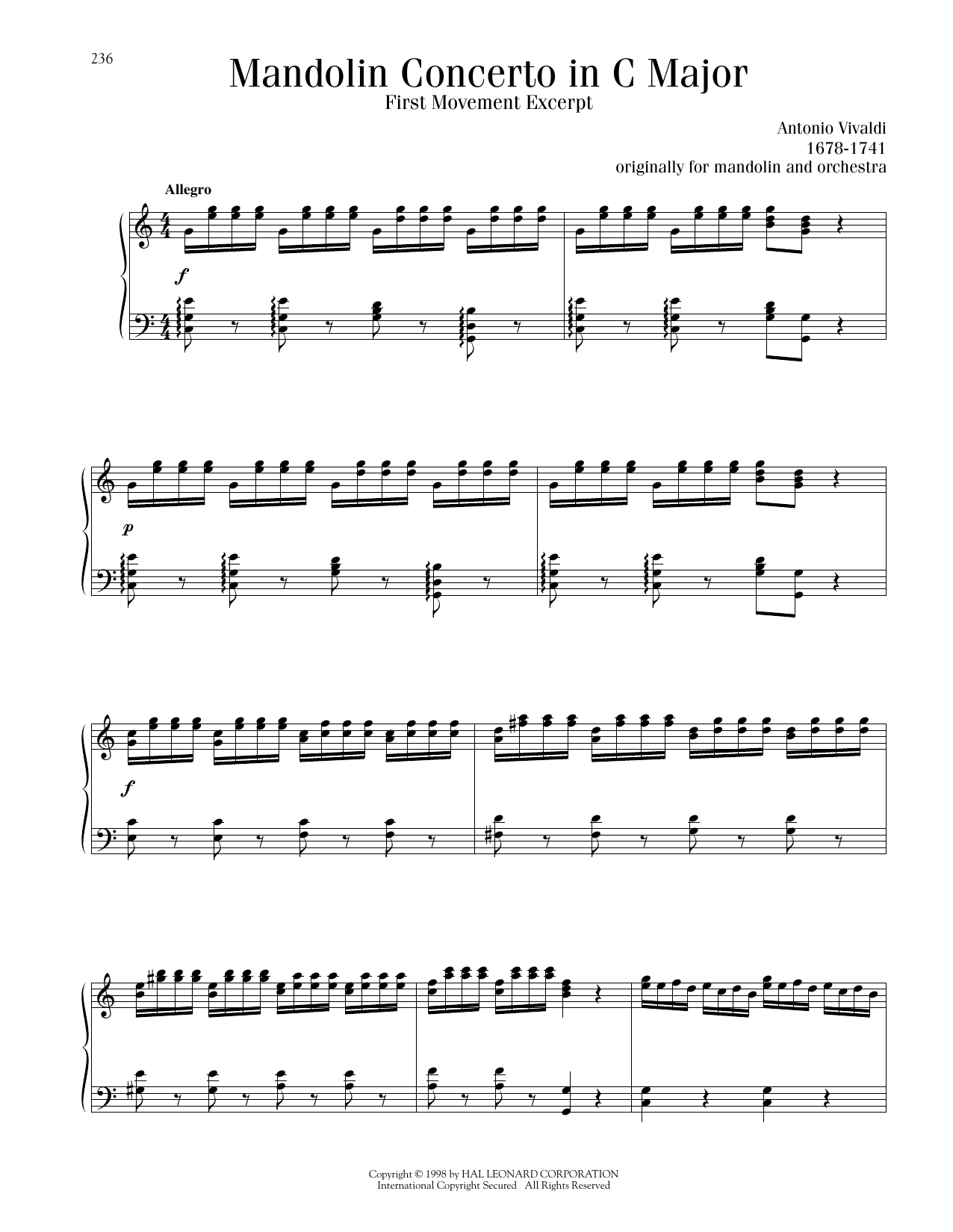 Antonio Vivaldi Mandolin Concerto in C Major sheet music notes printable PDF score