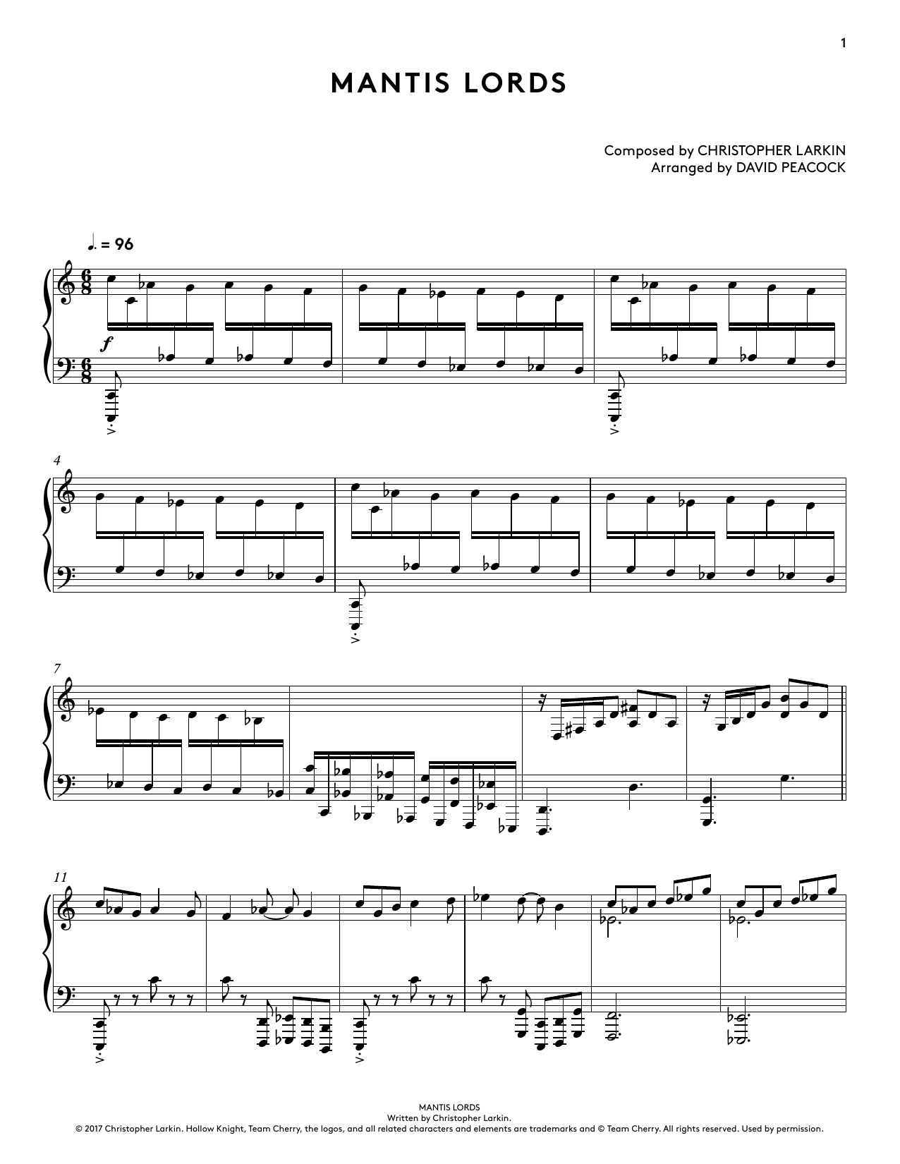 Download Christopher Larkin Mantis Lords (from Hollow Knight Piano Sheet Music