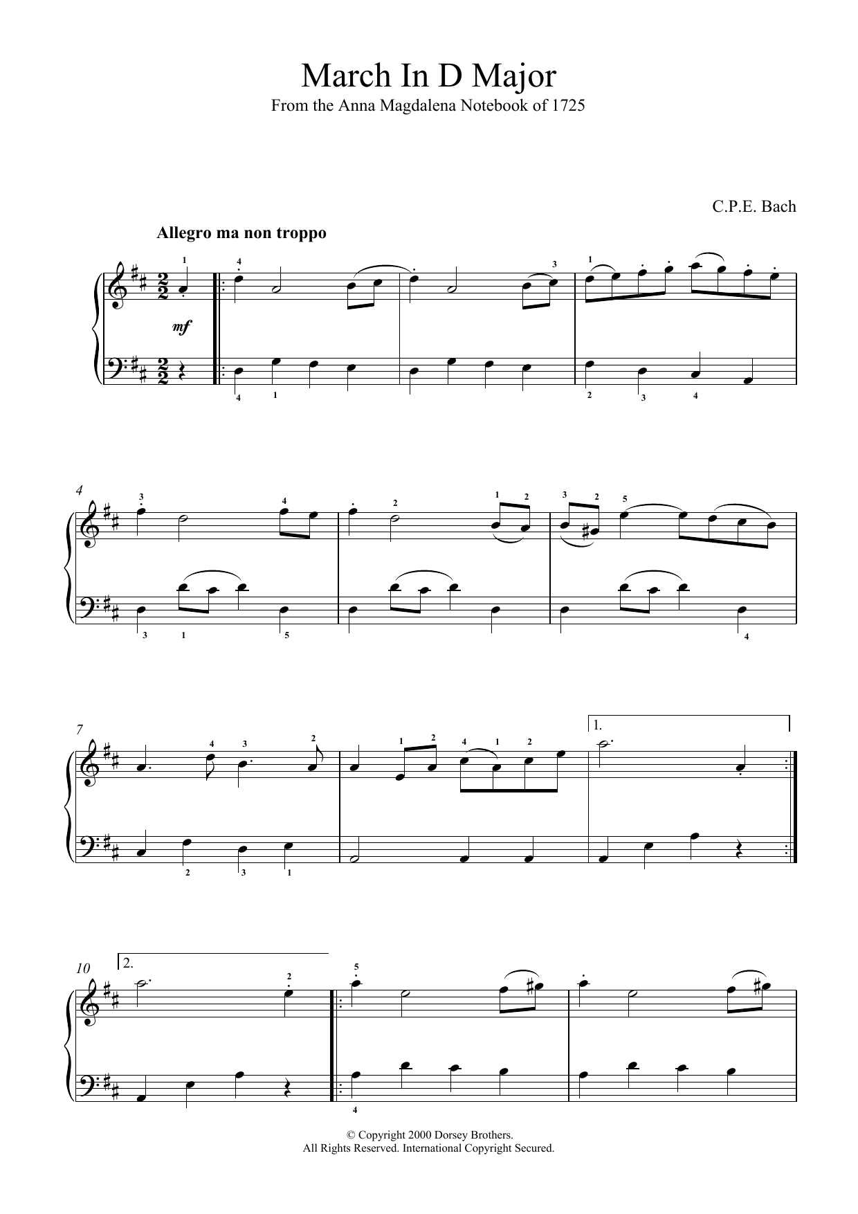 Carl Philipp Emanuel Bach March In D Major, BWV App. 122 sheet music notes printable PDF score