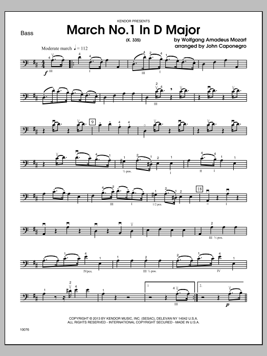 Download Caponegro March No. 1 In D Major (K. 335) - Bass Sheet Music