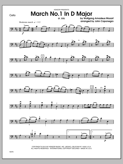 Download Caponegro March No. 1 In D Major (K. 335) - Cello Sheet Music