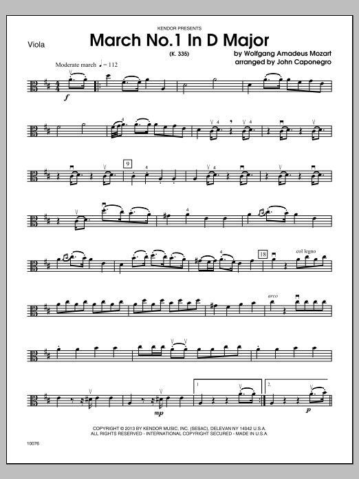 Download Caponegro March No. 1 In D Major (K. 335) - Viola Sheet Music