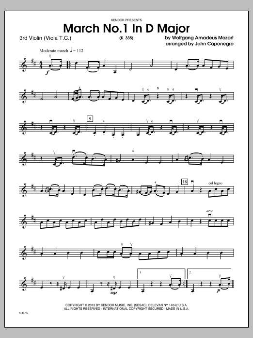 Download Caponegro March No. 1 In D Major (K. 335) - Violi Sheet Music