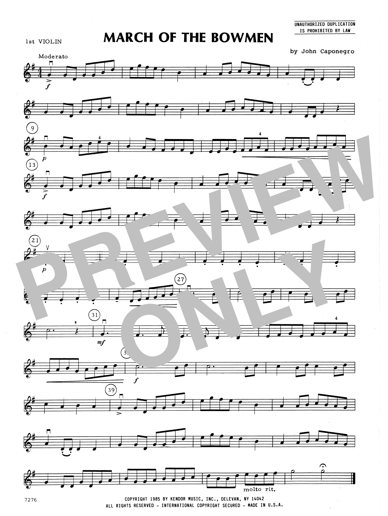 Download John Caponegro March Of The Bowmen - 1st Violin Sheet Music
