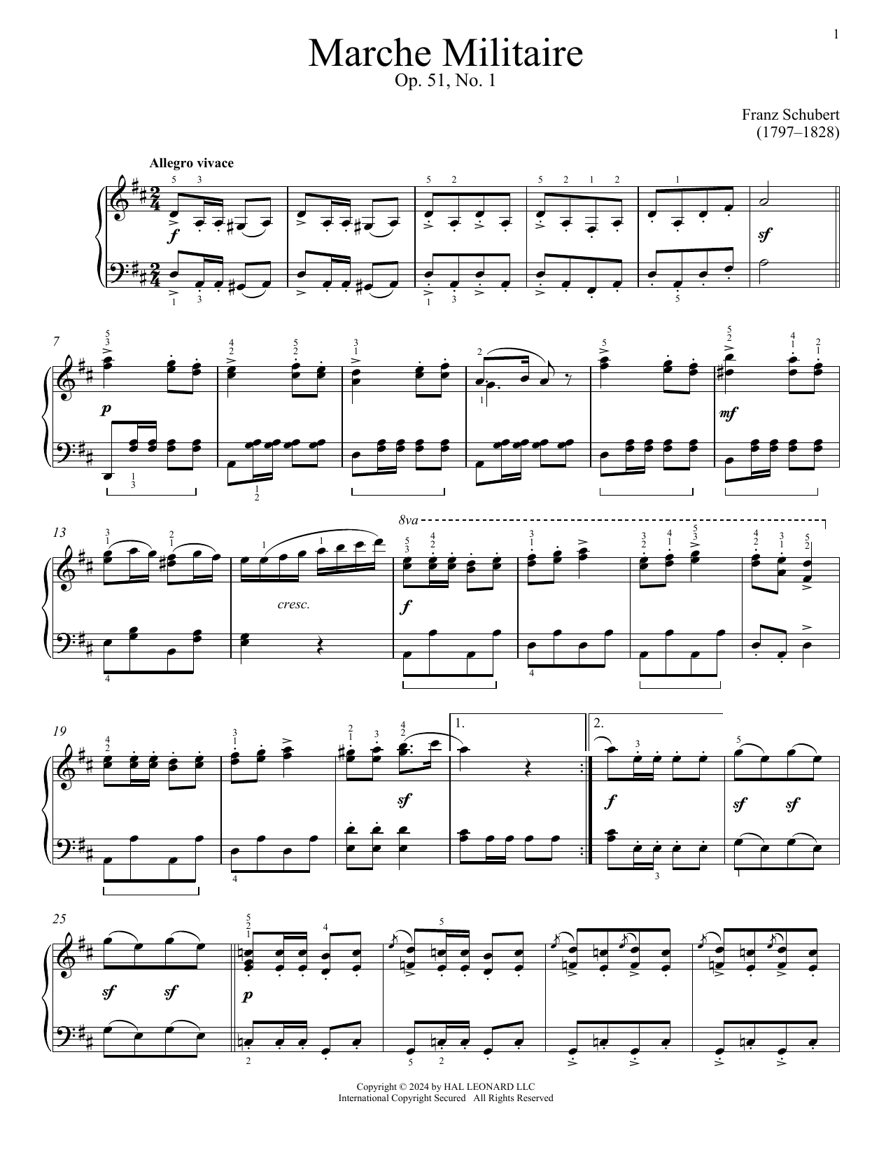 Franz Schubert Marche Militaire, Op. 51, No. 1 sheet music notes printable PDF score