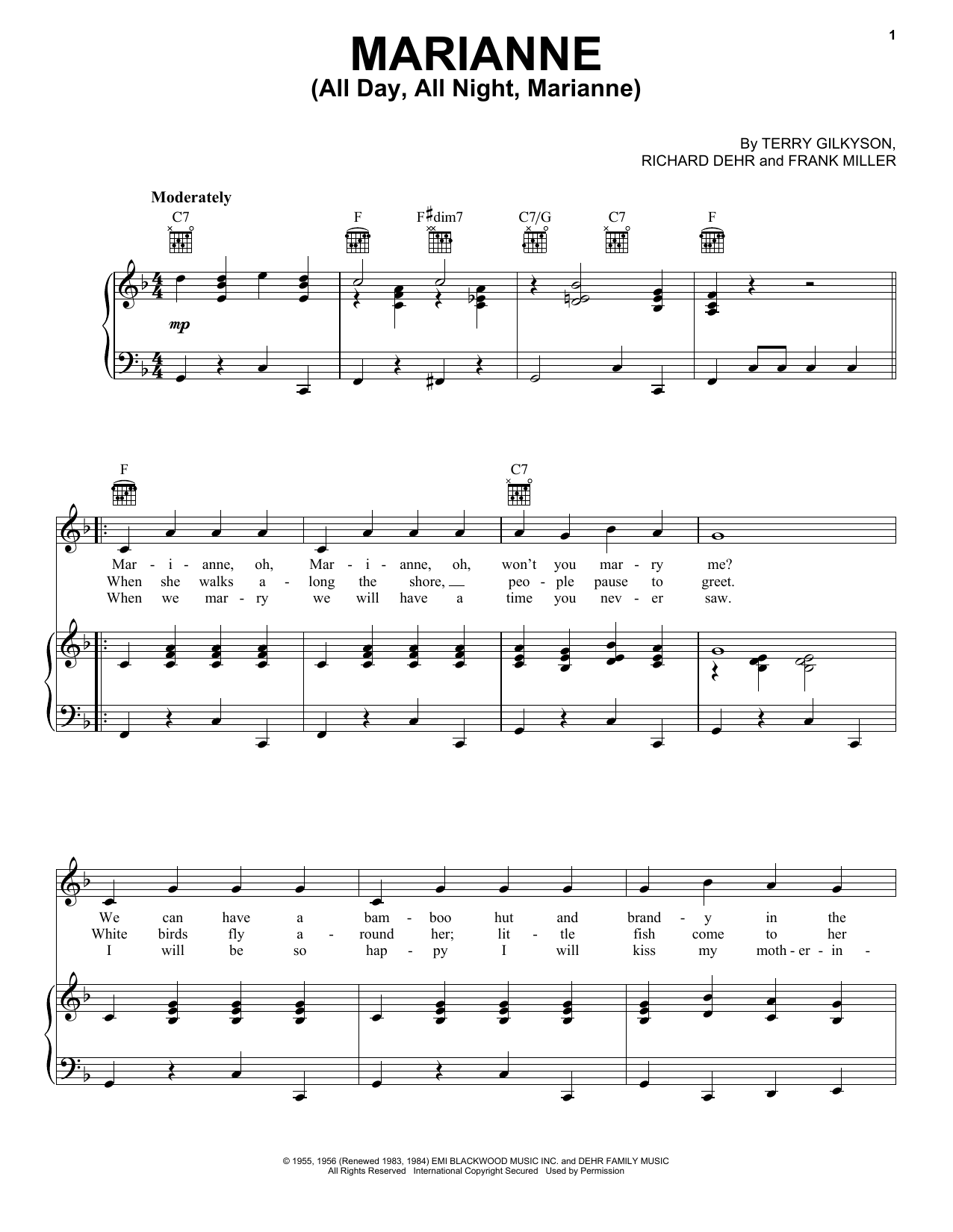 Download Terry Gilkyson & The Easy Riders Marianne (All Day, All Night, Marianne) Sheet Music