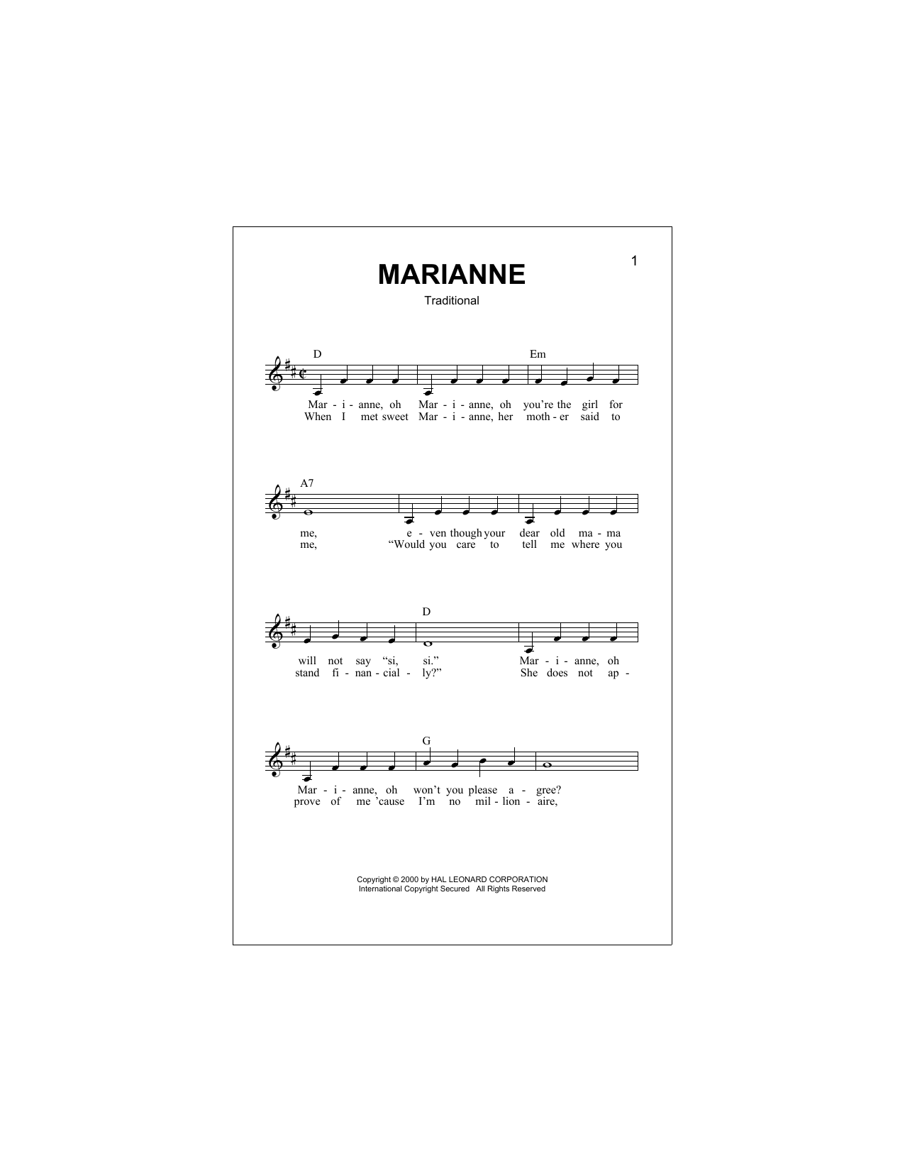 Download Traditional Marianne Sheet Music