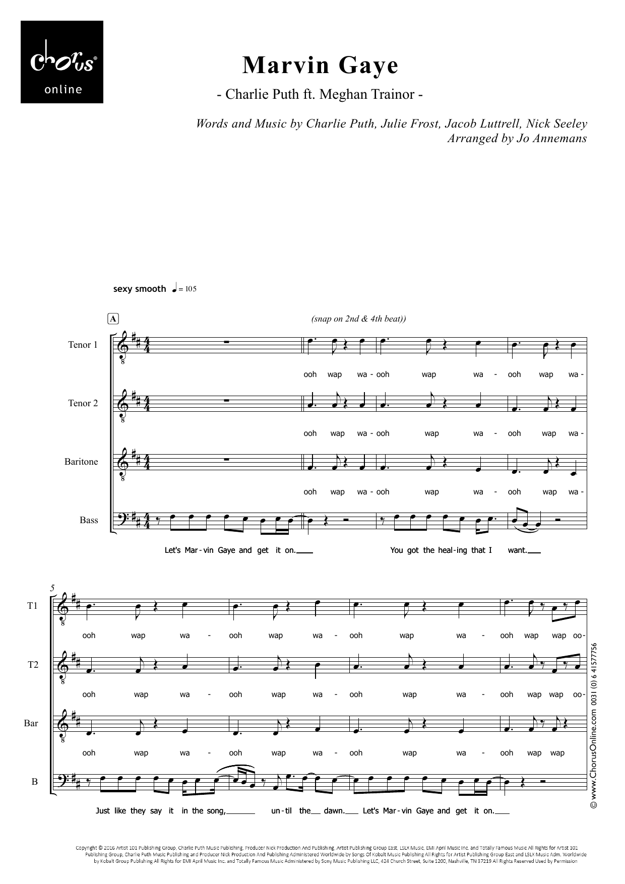 Charlie Puth Marvin Gaye (feat. Meghan Trainor) (arr. Jo Annemans) sheet music notes printable PDF score