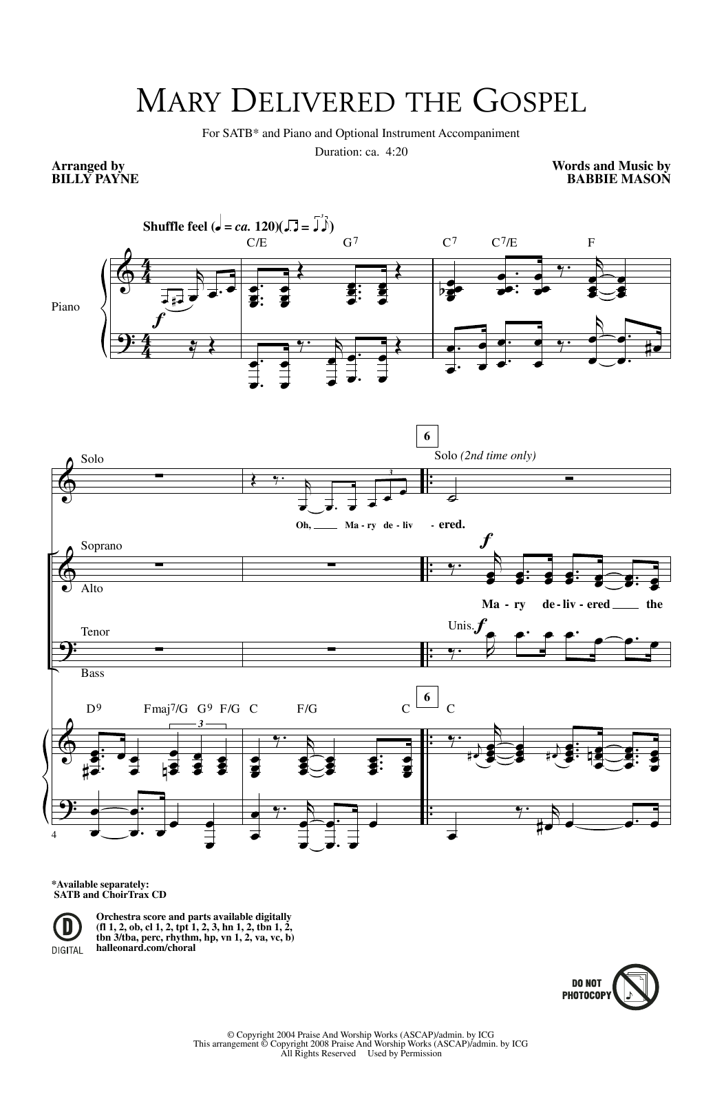 Download Billy Payne Mary Delivered The Gospel Sheet Music