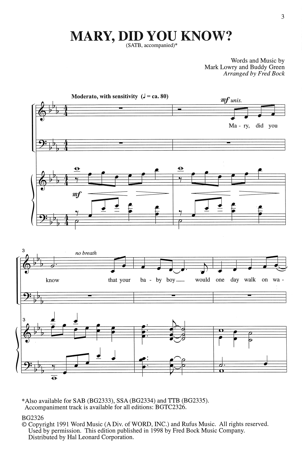 Mark Lowry Mary, Did You Know? (arr. Fred Bock) sheet music notes printable PDF score