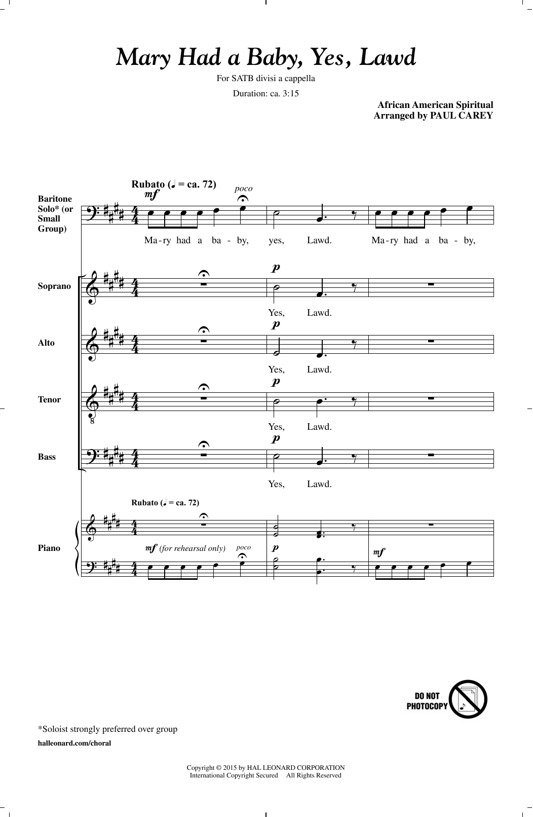 Download African-American Spiritual Mary Had A Baby, Yes, Lawd (arr. Paul C Sheet Music