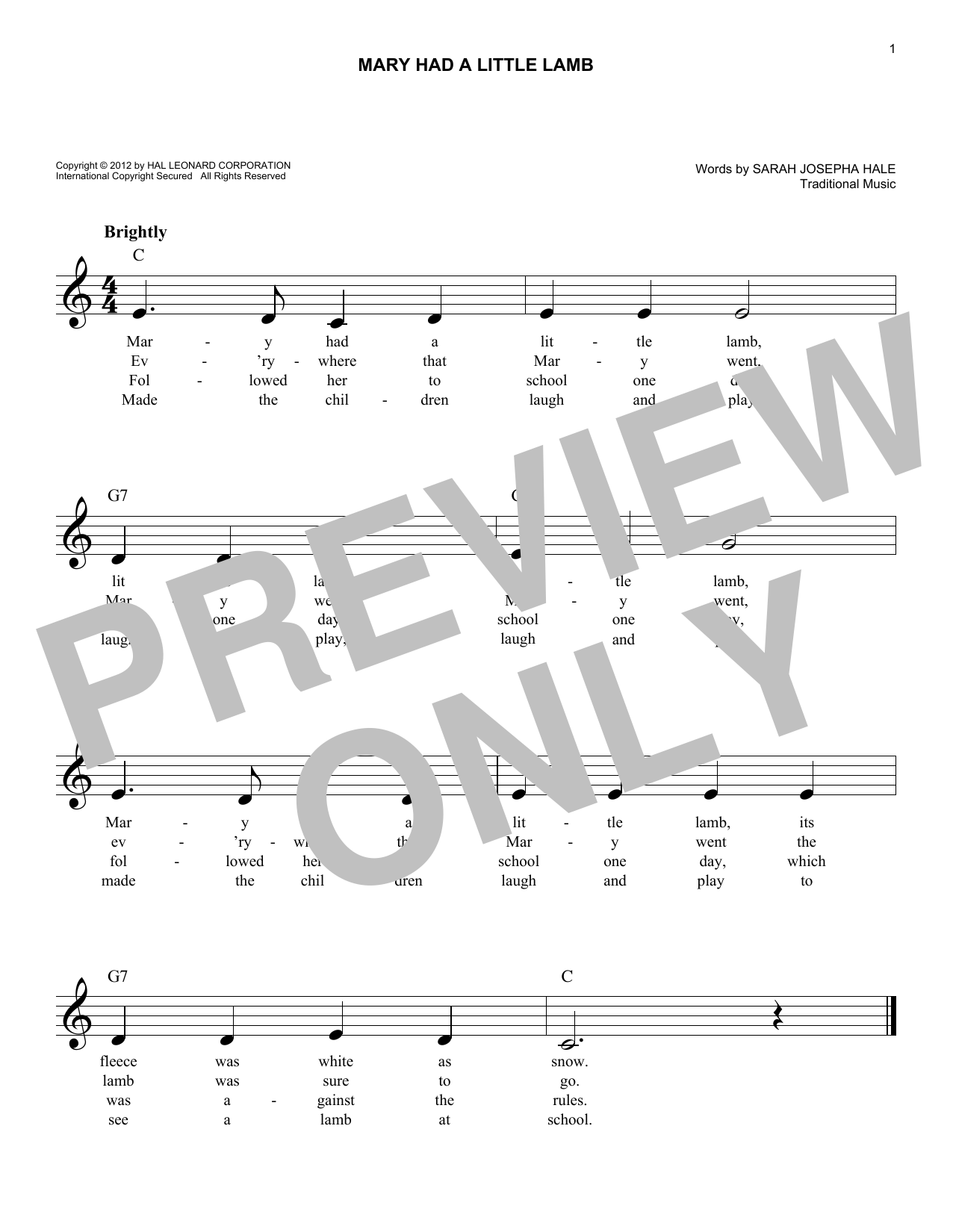 Download Traditional Mary Had A Little Lamb Sheet Music