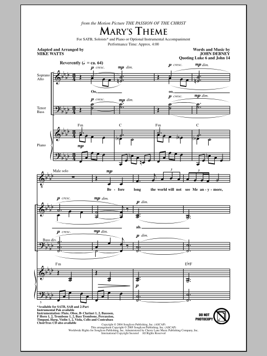 Download John Debney Mary's Theme (arr. Mike Watts) Sheet Music