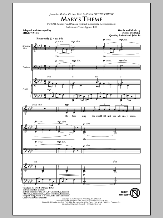 Download John Debney Mary's Theme (arr. Mike Watts) Sheet Music