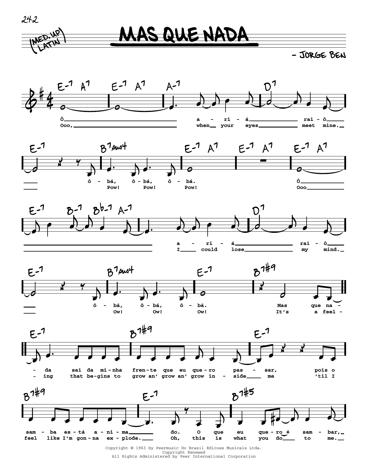 Sergio Mendes Mas Que Nada (Low Voice) sheet music notes printable PDF score