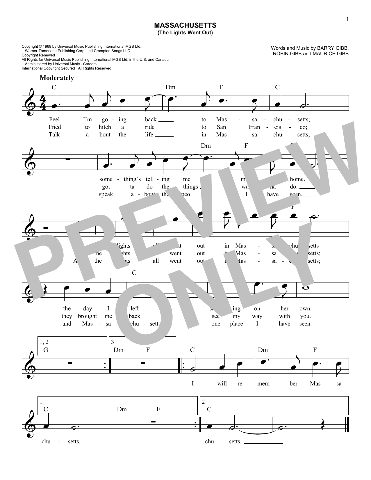 Download Bee Gees Massachusetts (The Lights Went Out) Sheet Music