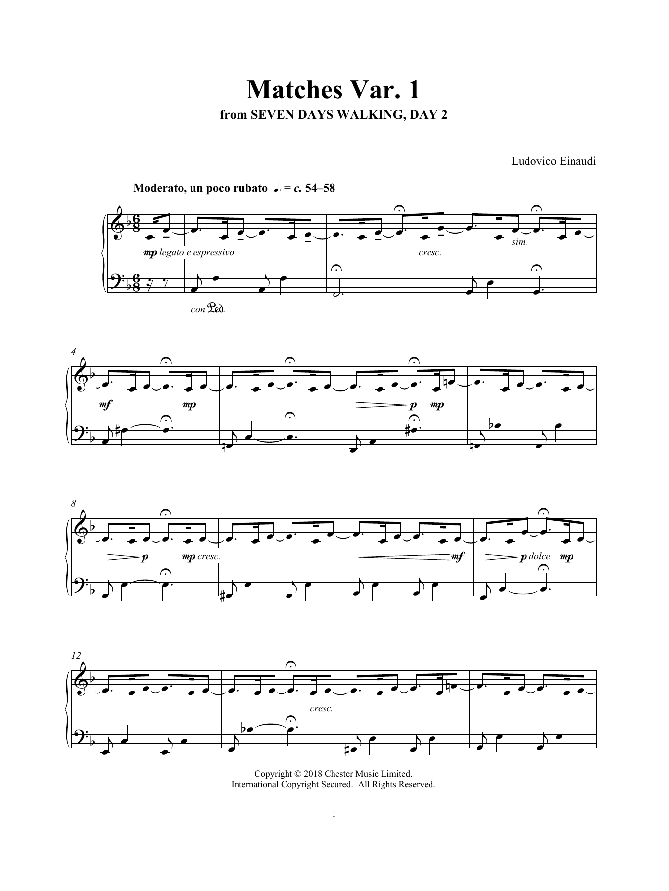 Download Ludovico Einaudi Matches Var. 1 (from Seven Days Walking Sheet Music