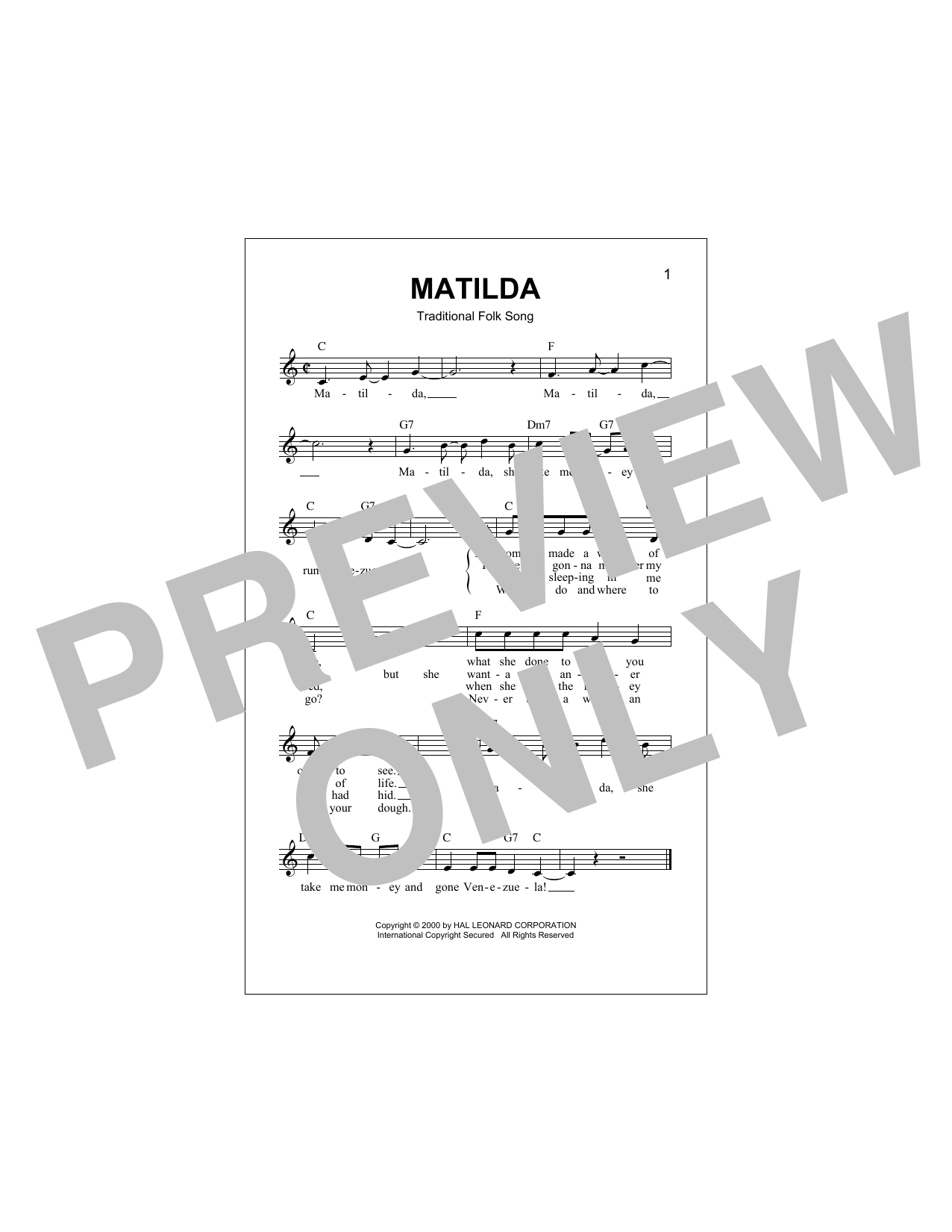 Download Traditional Folk Song Matilda Sheet Music