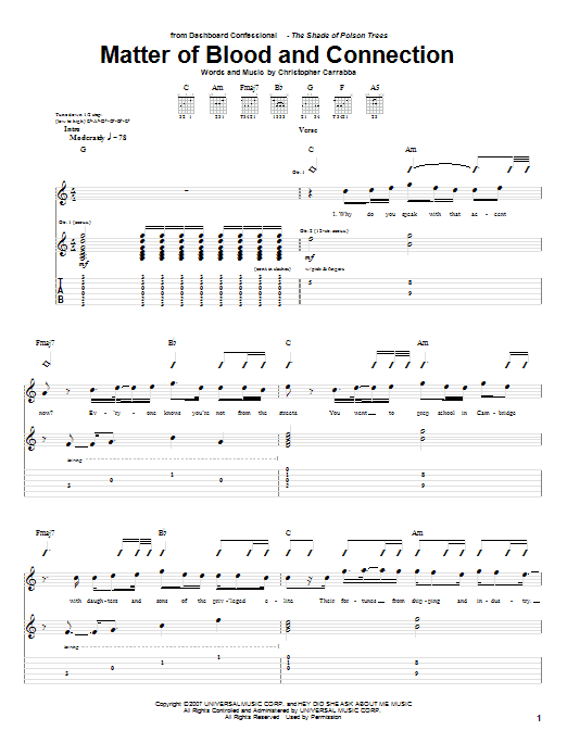 Download Dashboard Confessional Matter Of Blood And Connection Sheet Music