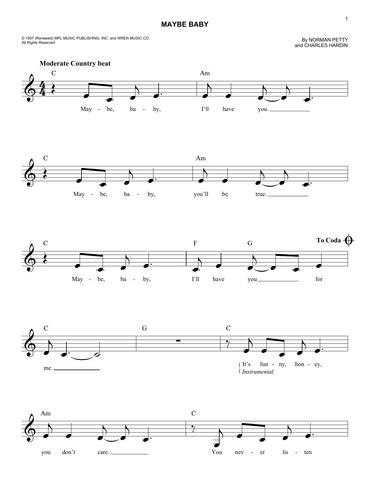 Download The Crickets Maybe Baby Sheet Music