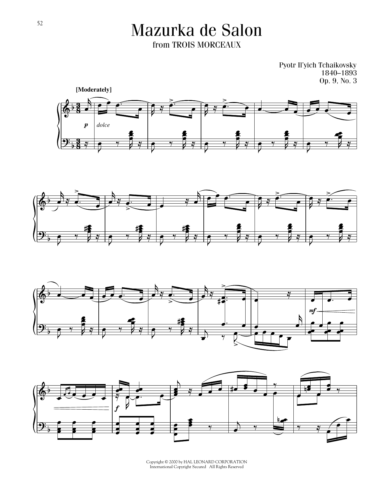 Pyotr Il'yich Tchaikovsky Mazurka De Salon, Op. 9, No. 3 sheet music notes printable PDF score