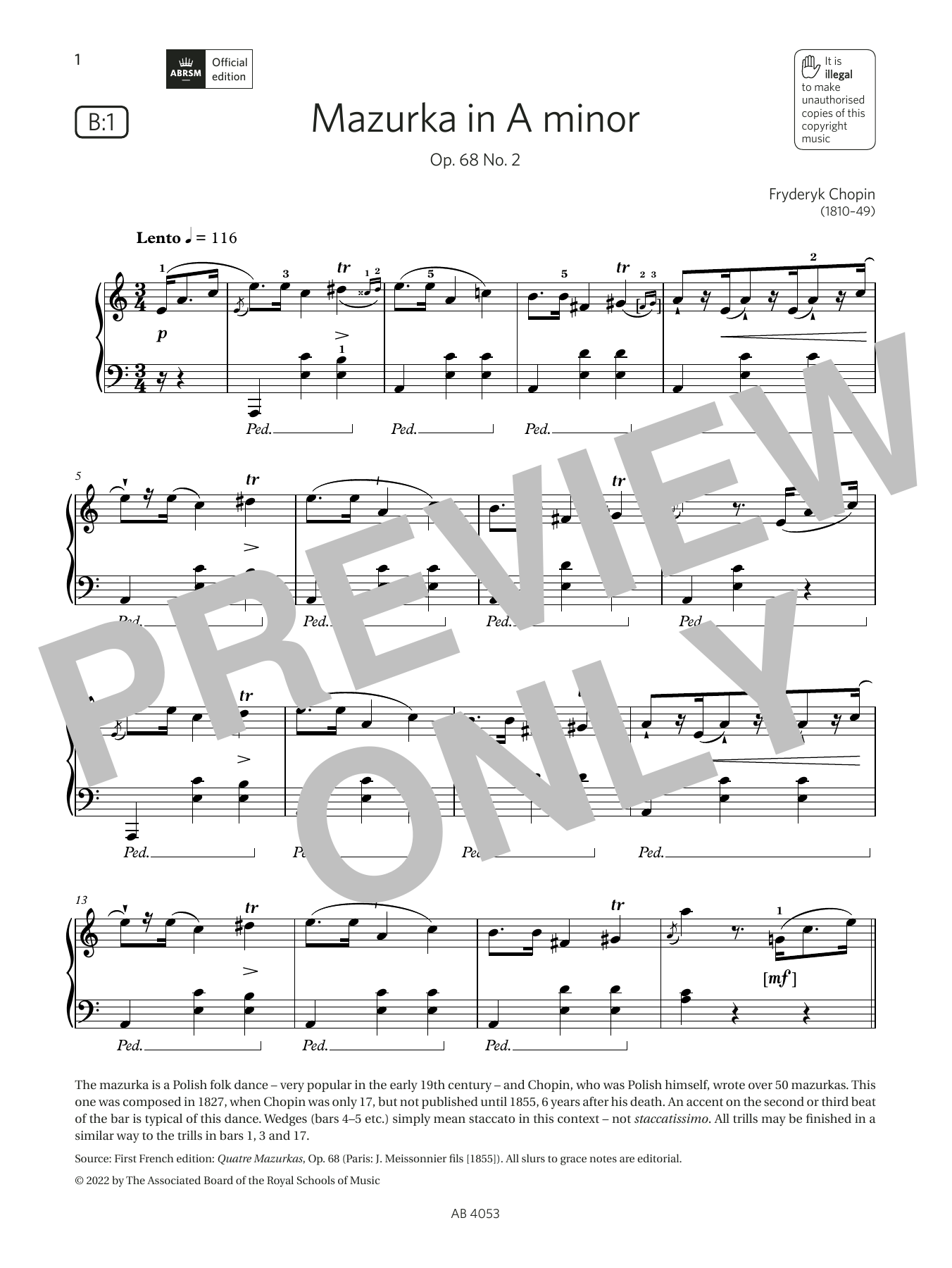 Download Fryderyk Chopin Mazurka in A minor (Grade 7, list B1, f Sheet Music